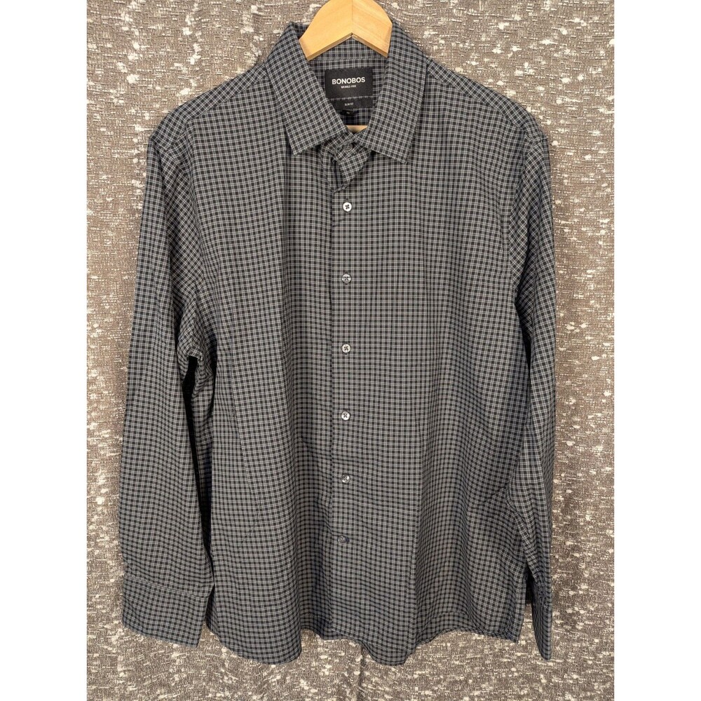 Bonobos Black/Gray‎ Plaid Button Up Collared Dress Shirt Men’s Size XL Slim Fit